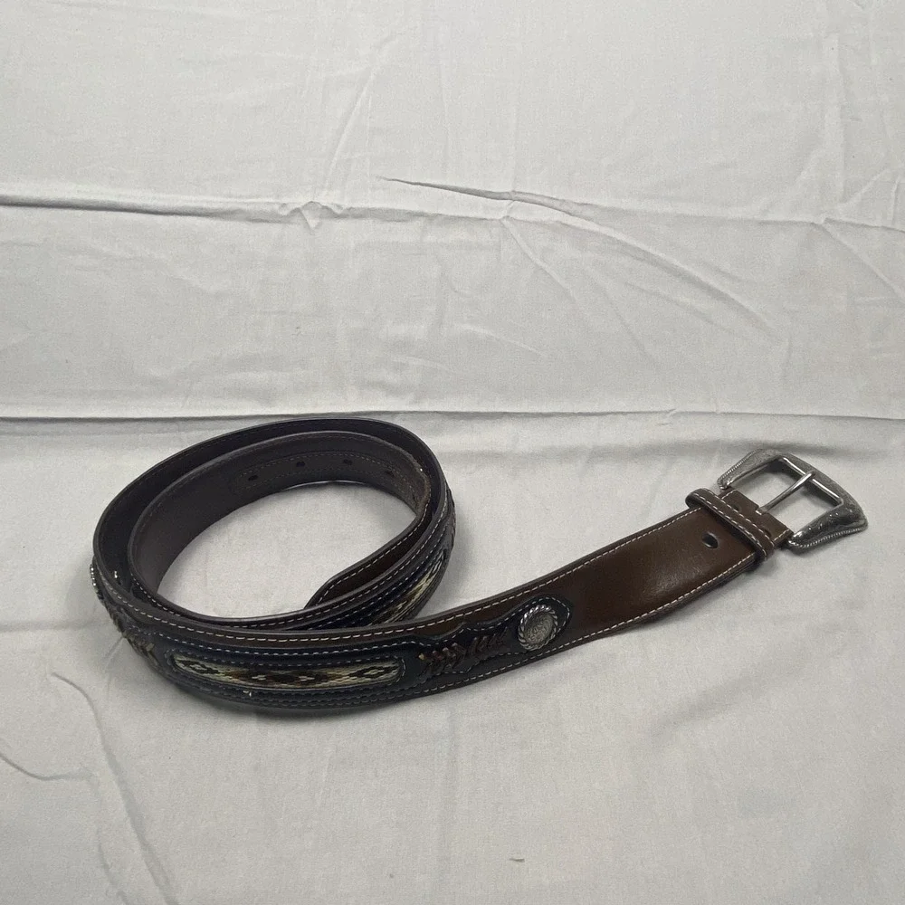 Western Tooled Genuine Leather Belt Men's Brown Engraved Buckle Cowboy 38 - 40 - Picture 2 of 15